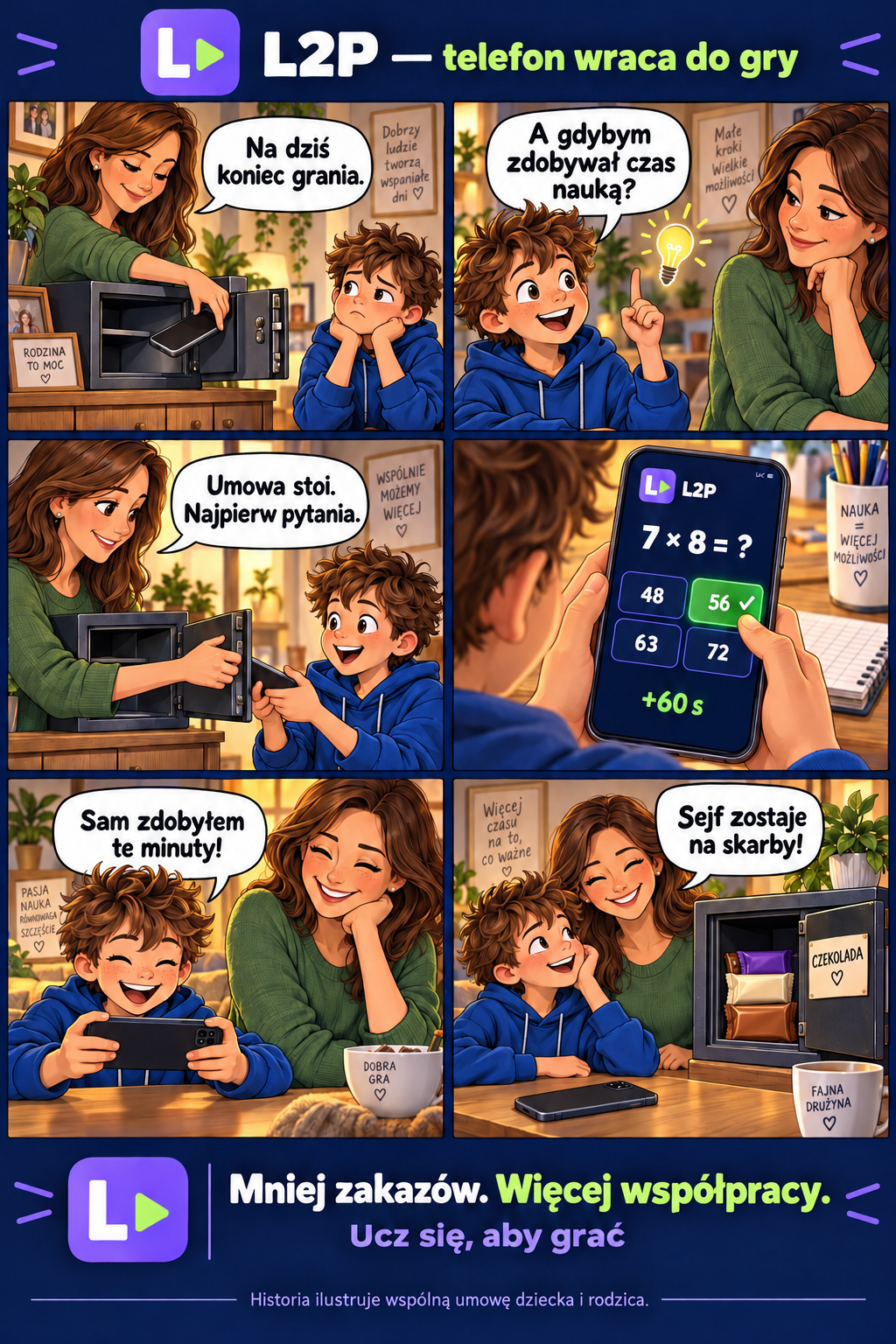 Sześciokadrowy komiks: rodzic chowa telefon do sejfu; dziecko proponuje naukę; rodzic oddaje telefon do quizu; poprawna odpowiedź daje czas; dziecko gra; sejf zostaje na czekoladę.